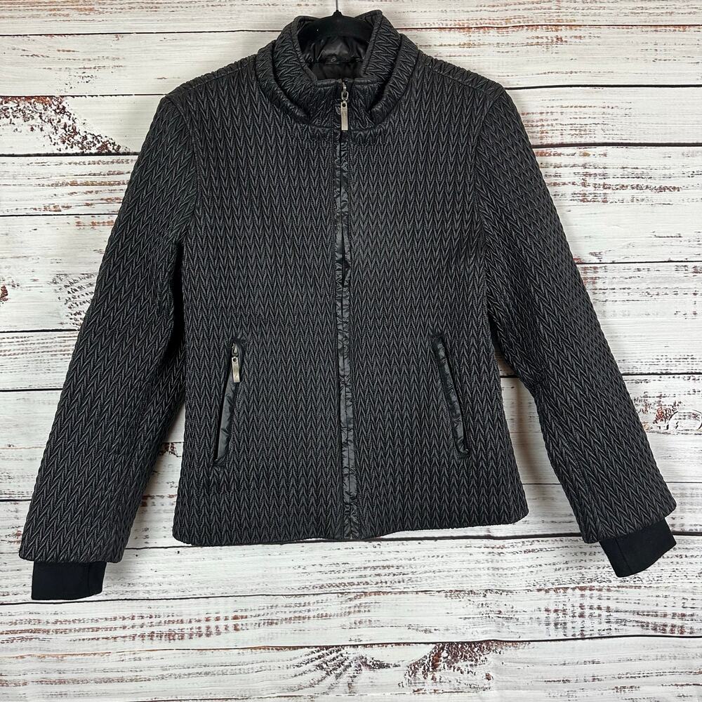 Womens MontanaCo Black Braided Textured Full Zip Jacket NO HOOD Nylon Coat Sz M